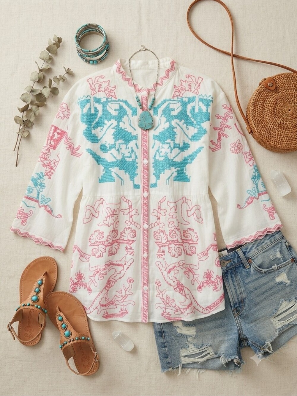 Johnny Was BIYA White Cotton Gauze Button Tunic Top With Blue Red Embroidery